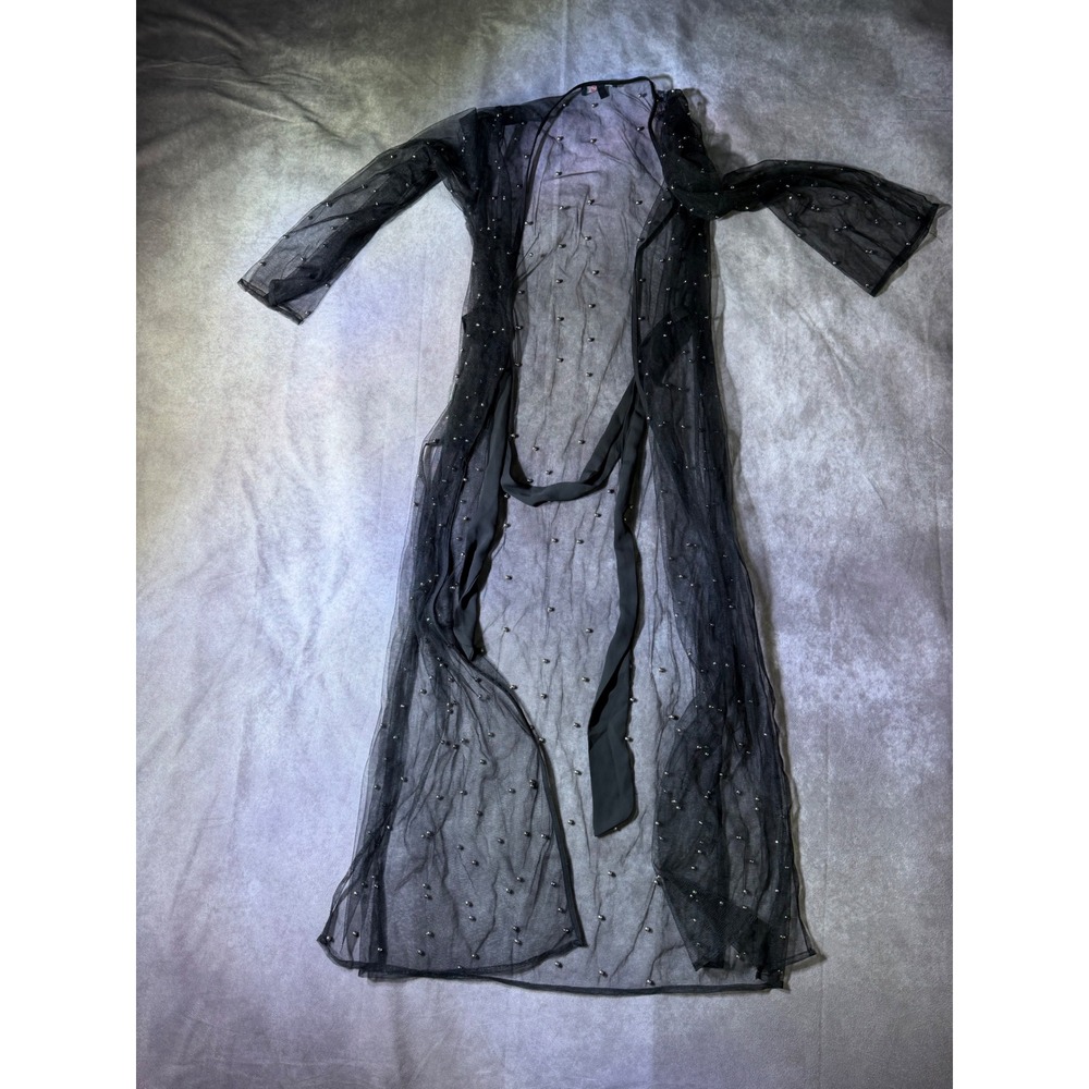 Impulse Black Sheer Mesh Studded Duster Cardigan Long Sleeve Tie Waist Large